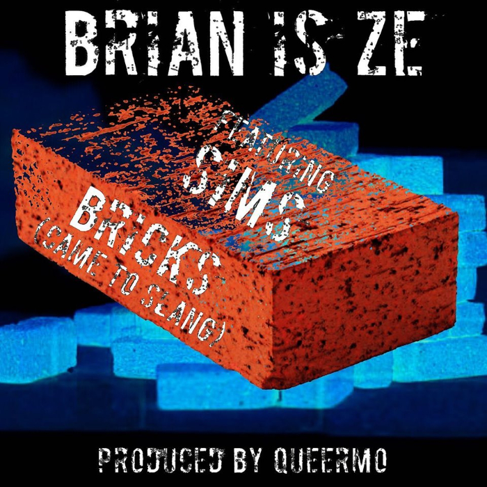 Promotional image for "Bricks." Illustration of a rubber stamp-style brick with the text "Brian is Ze featuring Sims. Bricks (Came to Slang). Produced by Queermo."