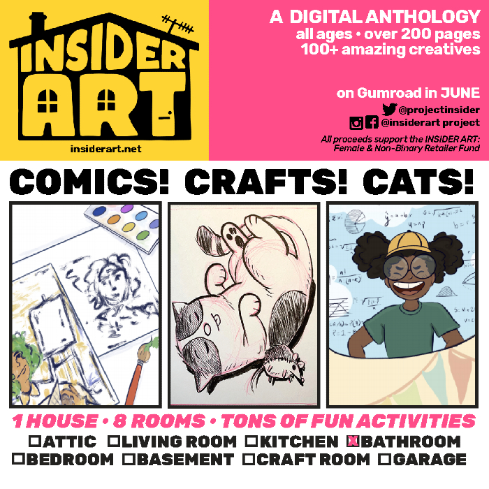 Insider Art promotional image for the Bathroom section of the book. Art by Deni Lance (sides) and Paige Braddock (middle). Used with permission.